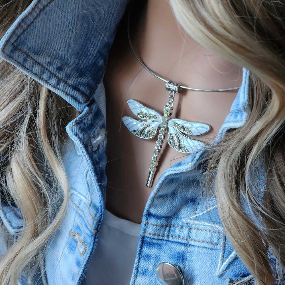 Dragonfly Necklace Jewelry Large Silver Pendant Boho Artisan Insect Jewelery